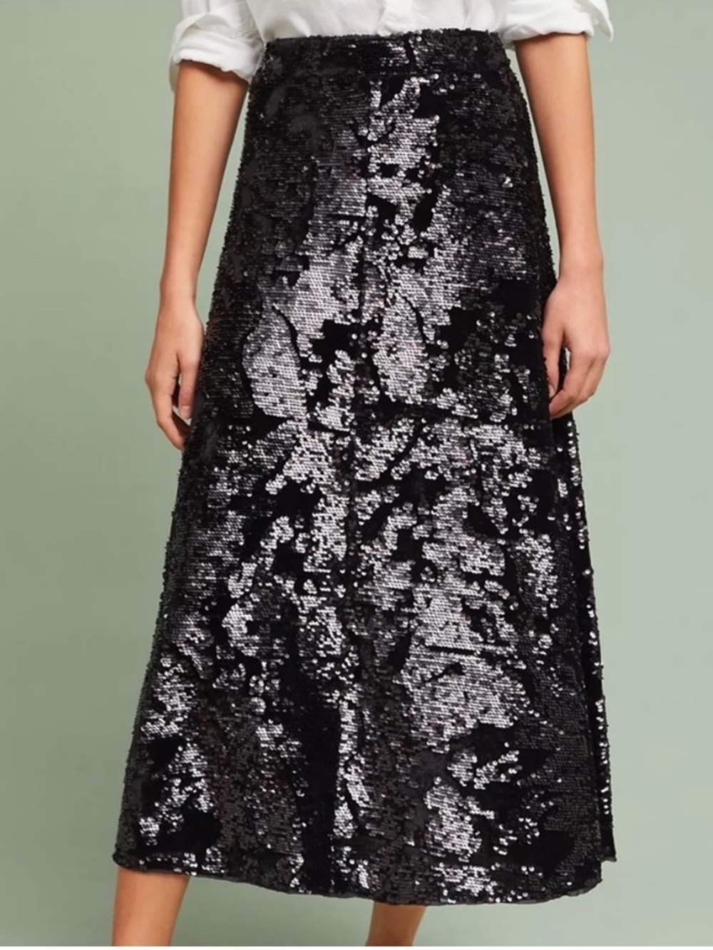 Anthropologie Black Sequin Midi Skirt Sz Medium NWT